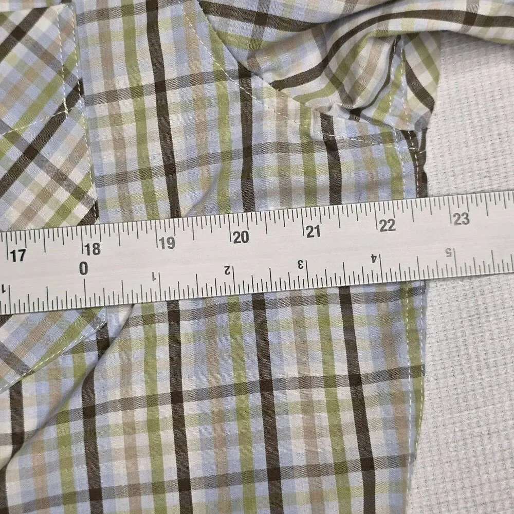 Billabong Men’s M White Olive Green Brown Blue Plaid Shirt SS Button Down